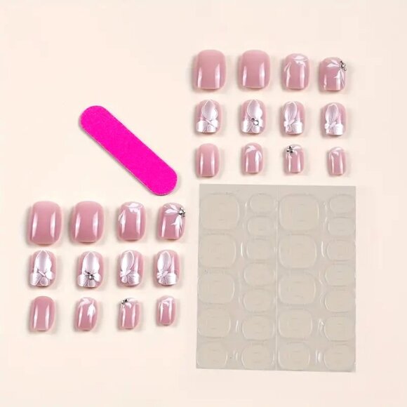 Fake Nails 24 Pink Rhinestone Press On Style Flowers Kit Glam Vacation Reusable - Picture 3 of 5